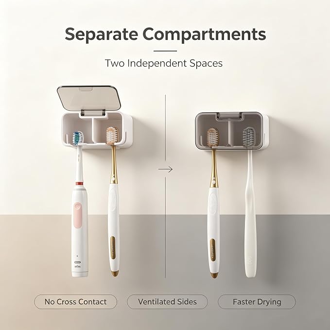 Toothbrush Holder Wall Mounted with Pop-Up Waterproof Cover, 2 Slots & Ventilated, No-Drill Adhesive Bathroom Organizer, Detachable Easy Clean, Fits Most Manual & Electric Toothbrushes (2pc Grey) - Image 2