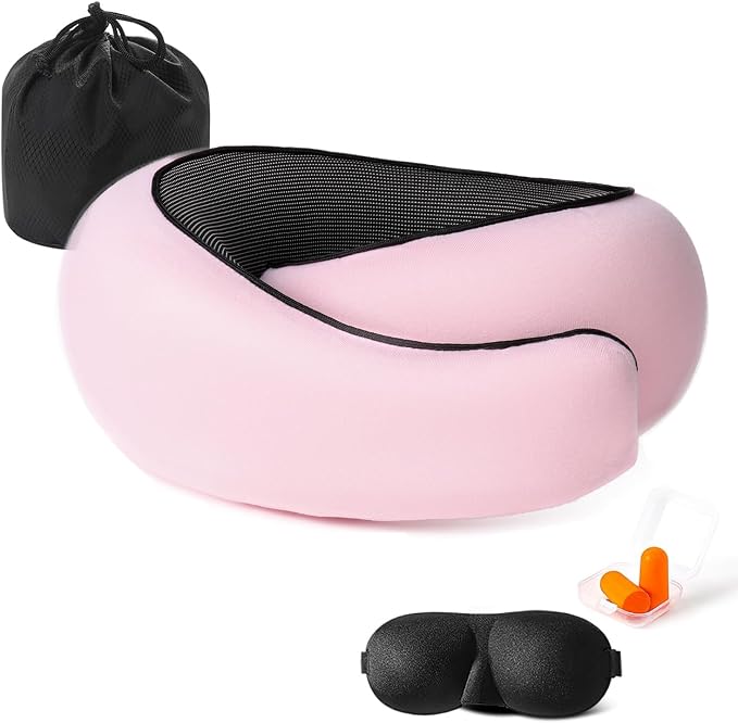 Travel Neck Pillows for Airplanes Or Trains, 360° Head Support Sleep for Long Flight, Skin-Friendly and Breathable, Kit with 3D Contoured Eye Mask, Earplugs and Storage Bag Gifts for Family by Unknown