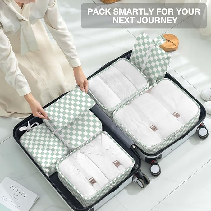 8 Set Packing Cubes for Suitcases,Suitcase Organizer with Shoe,Cosmetics,Clothing, and Accessories Bags for Travel Luggage Organizer Women Men(Green Checkered) - Image 7