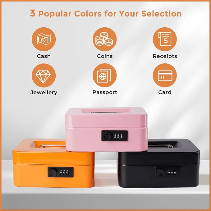 Cash Box with Money Tray and Combination Lock Metal Money Box Change Lock Box for Money 7.87" x 6.3" x 3.54" Orange - Image 7