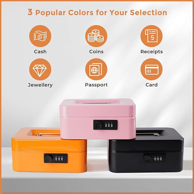 Goehiaul Cash Box with Combination Lock and Money Tray Metal Money Box for Cash Small Cash Box for Money Safe 7.87"x6.3"x3.54" Pink - Image 7