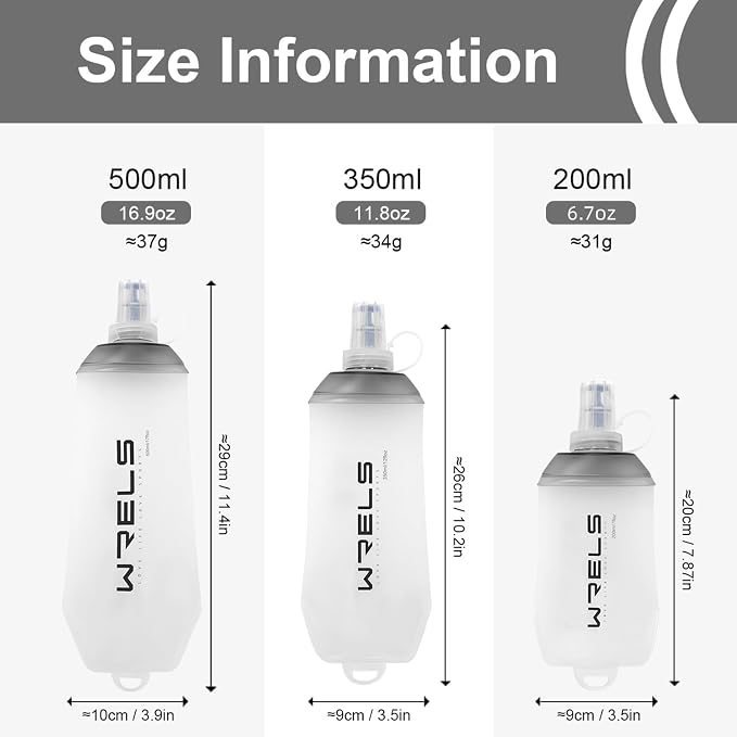 WRELS 200ml/350ml/500ml Collapsible Soft Flask,BPA Free Folding Soft Water Bottle with Hanging Ring,Lightweight TPU Hydration Flask for Running Marathon Cycling Hiking - Image 2