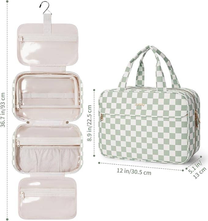 Narwey Hanging Travel Toiletry Bag for Women Checkered Makeup Bag Organizer Cosmetic Make up Toiletries Bag for Travel Essentials Accessories (Mint Green Checkerboard, Large) - Image 7