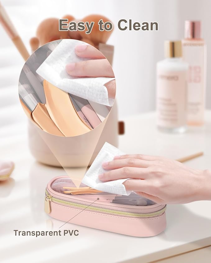 Soimeat Clear Travel Makeup Brush Holder, Leather Makeup Brush Toiletry Bag, Portable Cosmetic Brush Case, Transparent Waterproof Makeup Brush Storage Bag, Pink - Image 4