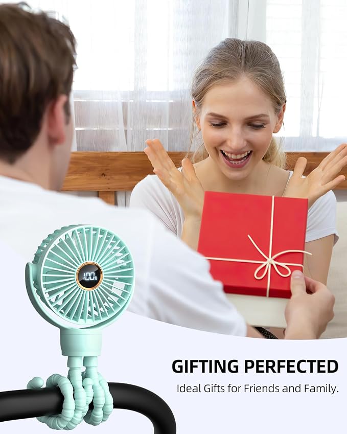 Portable Stroller Mini Fan, Small Rechargeable Personal Fan, Travel Essentials for Baby, Wagon, Car Seat, Treadmill, Battery Powered Biking Gear Accessories, 360° Rotation, 3-Speed, Display, Aqua - Image 7