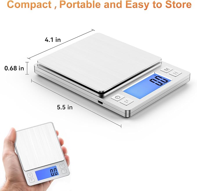 BOMATA Upgraded Small Food Scale with 0.1 g/0.001 oz High Precision | 3000 g/6.6 lb, New Hold Function, Larger Display, USB Rechargeable, Digital Kitchen Scale for Small Item, Jewelry. Sliver - Image 7