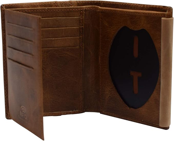 RFID Blocking Genuine Leather Badge Holder Bifold Wallet USA Series (Tan) by Cavelio