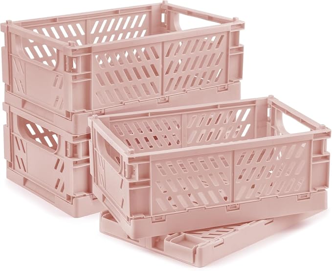 4 Pcs Collapsible Storage Crates, 10x5.9x4 inches Space-Saving Folding Containers, Stackable Plastic Boxes for Home Kitchen Office Bedroom Bathroom, Pink by Unknown