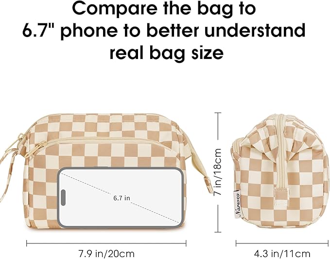 Narwey Large Checkered Makeup Bag Women Wide-open Make up Bag Travel Cosmetic Bag Organizer Toiletry Bag for Cosmetics Toiletries Accessories (Light Checkerboard) - Image 4