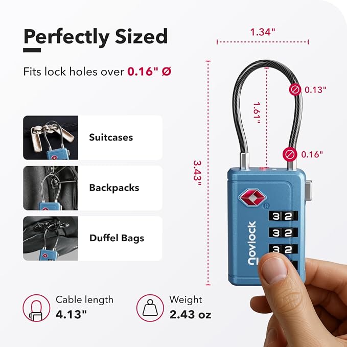 TSA Approved Luggage Locks, Travel Locks with Inspection Indicator | TSA008, Easy to Read Dials, 4 Digit Combination, Flexible Steel Cable, for Suitcases, Backpacks, Bags, 2-Pack, Blue - Image 2