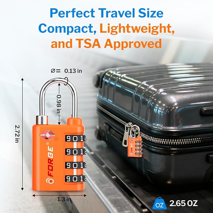 Forge Dual-Opening: Key or Combination Lock, TSA Approved Lock for Luggage, Pelican case, Travel, Gym, School, Luggage Combination Lock, Travel Bag Lock (Orange 2 Locks and 2 ID) - Image 9