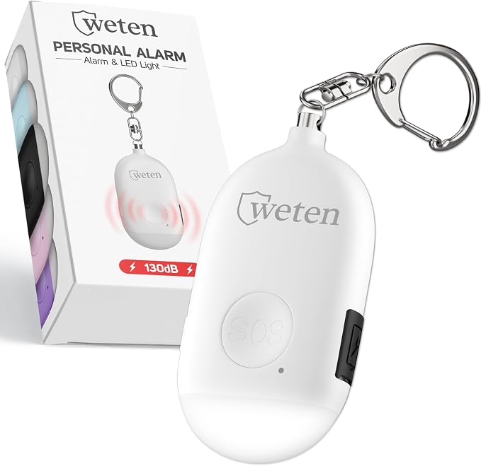 Rechargeable Personal Alarm Keychain, 130dB Siren, LED Light, White | Stylish Personal Safety Alert for Women to Carry, Panic Button Alarm for Security by WETEN