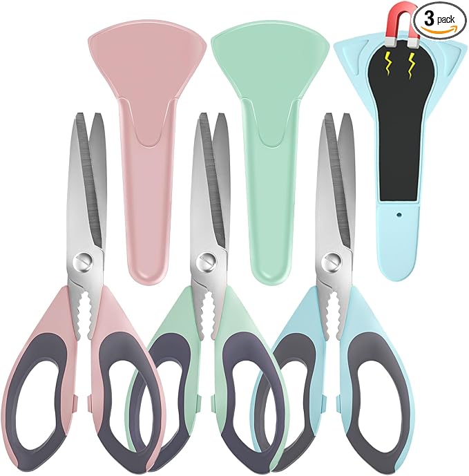 3 Pack Sharp Kitchen Scissors Set with Magnetic Holder | Stainless Steel Blade, Ergonomic Non-Slip Handle, Heavy Duty, Food/Meat Scissors for Home, Kitchen and Picnic, All Purpose by VAASEE