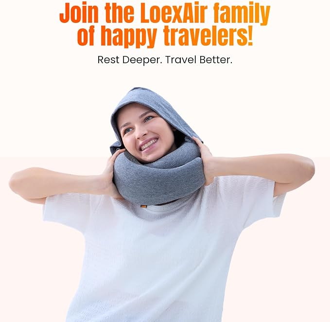 LOEXAIR™ Hooded Pro Travel Pillow - Memory Foam Neck Support Pillow for Airplane, Flight - Super-Soft Pure Cotton Fabric, Maximum Privacy & Light-Block Design, Lightweight Full Travel Kit - Light Grey - Image 9