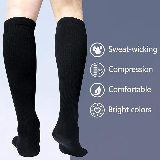 +MD Cotton Compression Socks for Women & Men 4/6 Pairs 15-20mmHg Knee High for Sports, Travel, Nursing Long Sitting Standing - Image 4