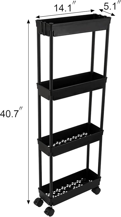Sooyee 4 Tier Slim Storage Cart, Black | Rolling, Narrow Shelf, Mobile Shelving Unit Organizer, For Kitchen, Bathroom, Laundry Room - Image 4