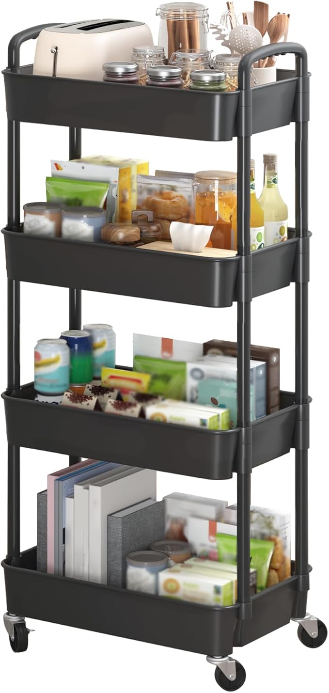 Sywhitta 4-Tier Plastic Rolling Utility Cart with Wheels for Storage, Black | Multi-Functional Storage Trolley, for Office, Living Room, Kitchen, Bathroom,Movable Organizer,Space-Saving,Easy to assemble by haseverythingyouneed