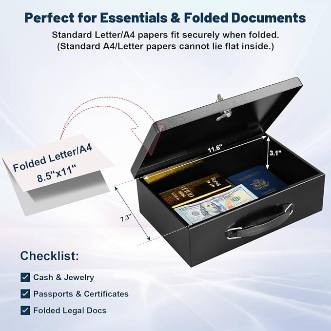 KYODOLED Fireproof Document Box with Key Lock, Small Lock Boxes for Personal Items, Fire and Water Resistance, Fireproof Safe Box for Documents, Jewelry, Passport, Cash, 12.6'' x 8.3'' x 3.58'' Black - Image 5
