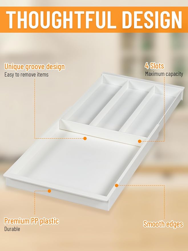 Silverware Drawer Organizer Tray (Cream) | Adjustable Small Utensil Holder for Spoon and Fork, Expandable Flatware Cutlery Tray for Kitchen Drawers - Image 3