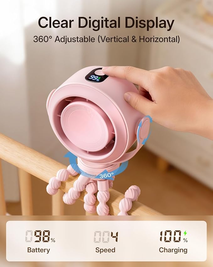 SWEETFULL Portable Stroller Fan, Pinch-Proof Baby Fan - Pink | Wide Turbine Airflow; Safe Design; LED Display; 5-Speed; 30dB Quiet; USB-C Rechargeable; Mini Clip On Fan for Car Seat & Bed - Image 5