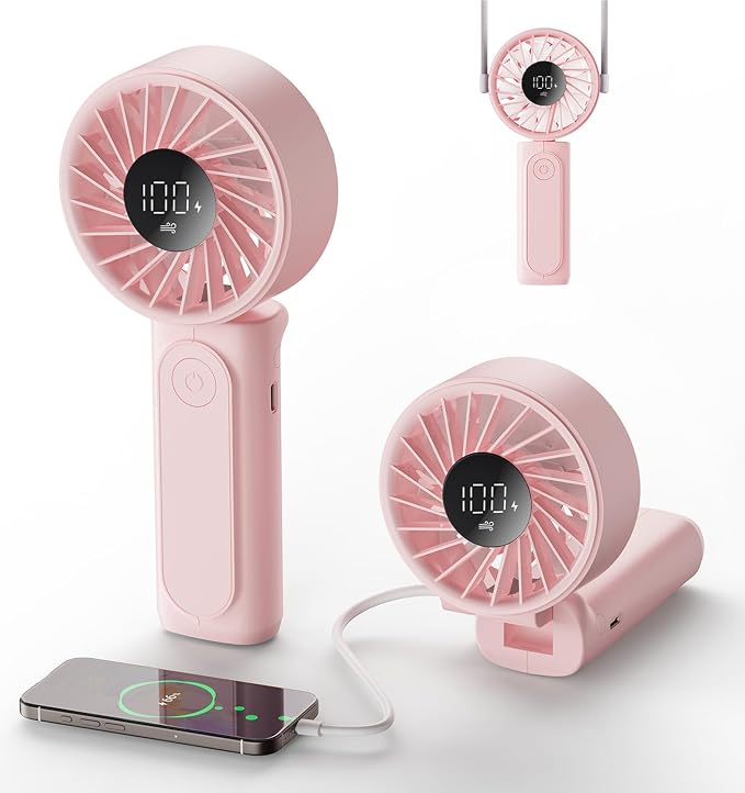 Peiyuu Handheld Portable Fan, 4000mAh USB Rechargeable Personal Fan, 180° Foldable Mini Desk Fan with 6 Wind Speed, LCD Digital Display, Lanyard as Neck Fan, Ultra Quiet by Peiyuu