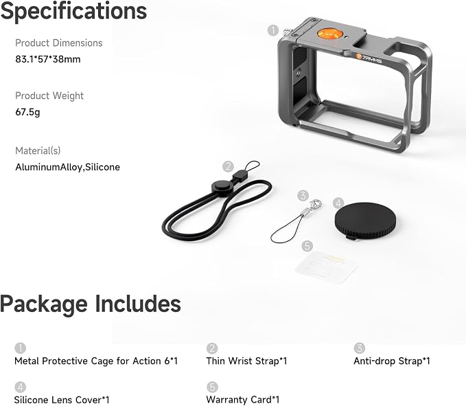 7RYMS 7RIG SC1 Camera Case for DJI Osmo Action 6(Lens Cap+Wrist Strap) | Full Metal Protective Cage with Cold Shoe, 1/4" Screw, DJI Osmo Action 6 Accessories for Cycling, Climbing, Skiing - Image 9