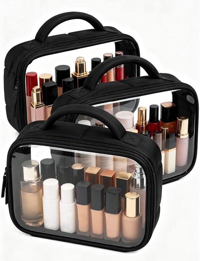 Moyad TSA Approved Toiletry Bag Clear Quart Size Travel Bags Makeup Bag | Large Opening, for Men and Women, Carry on Airline Compliant, Transparent Liquids Pouch, Puffer Black by Moyad