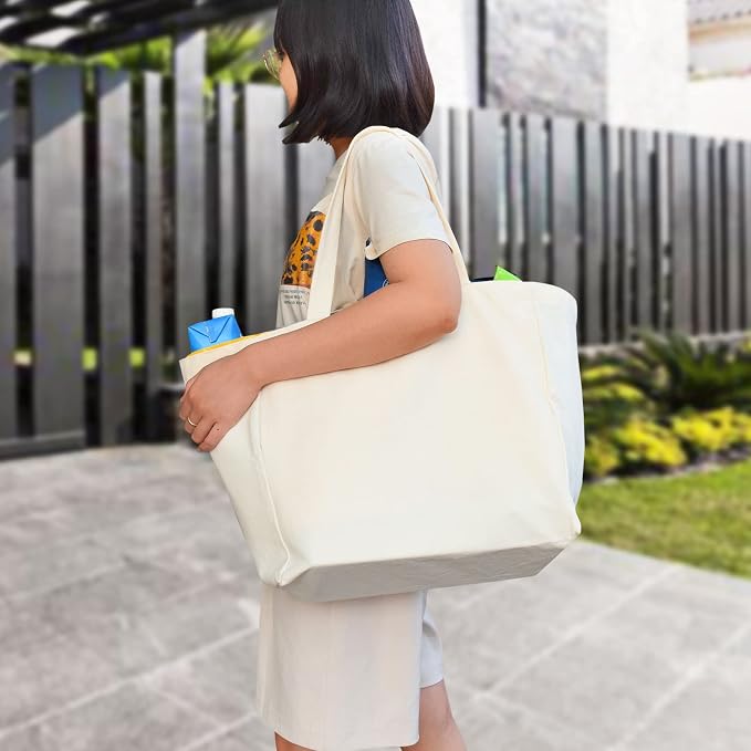 Canvas Reusable Grocery Bags Heavy Duty, 8.3 gal Foldable Large Tote Bag with Handles, Holds 60 lbs & Washable Eco-friendly Bags with 5 Pockets, Off white 1 Bags - Image 2