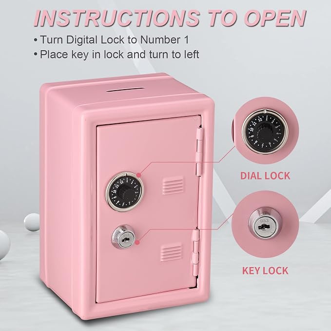 Younion Mini Money Safe and Cash Lock Box, 4.6"x 4.2"x 6.9" Pink - Image 5