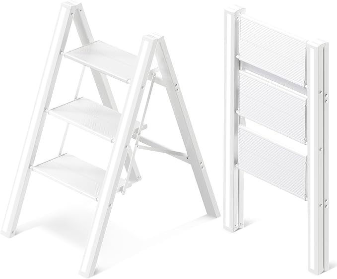 3 Step Ladder, Folding Step Stool with Anti-Slip Wide Pedal | Lightweight, Aluminum Material, 330LBS Load, Portable, Easy Storage, Space Saving, for Kitchen, Bedroom Use, White by GameGem