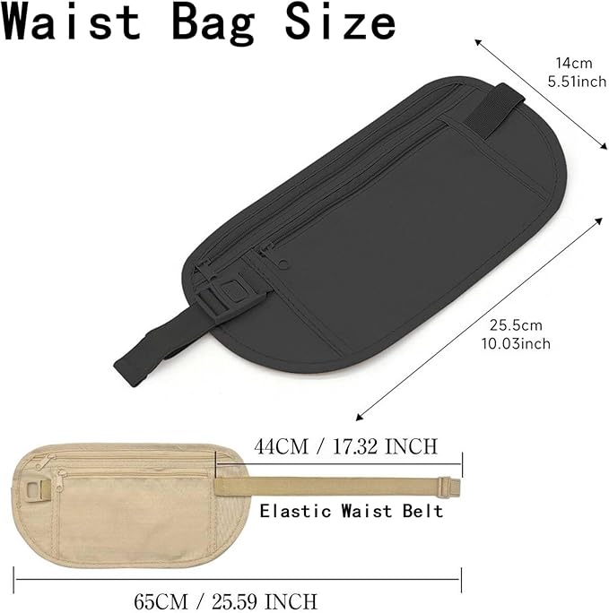 Money Belt Anti-theft Waist Pack Nylon Fanny Pack Hidden Under Clothes Passport Holder Travel Wallet with Adjustable Buckle for Travel, Running, Hiking, Cycling (Black+Khaki) - Image 2