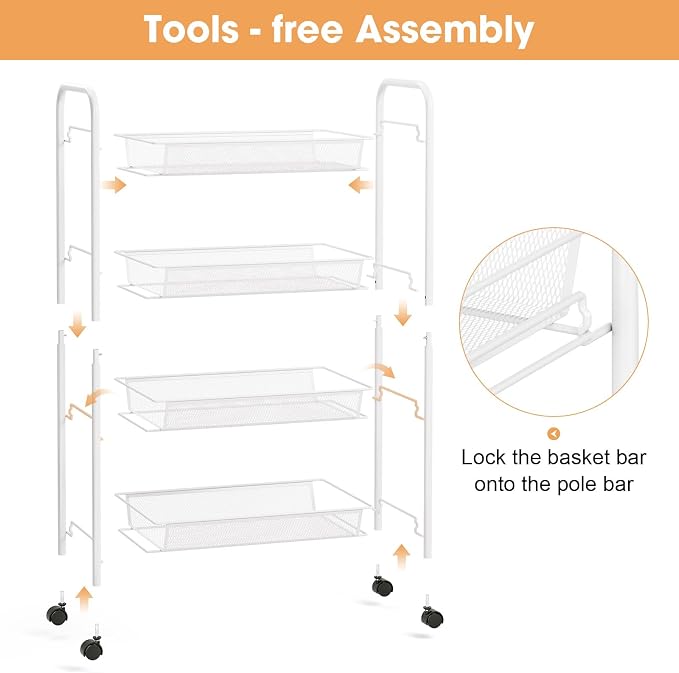 TOOLF 4 Tier Rolling Cart, Metal Utility Storage Cart with Wheels, White | 3 Hooks, Screwless Assembly, Trolley Organizer for Bathroom, Kitchen, Office, Nursery, Dorm, Laundry Room - Image 4