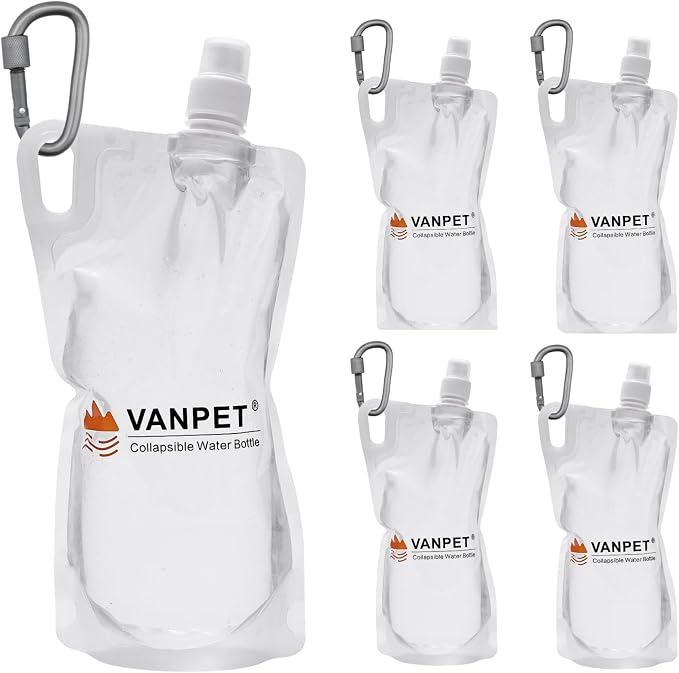 VANPET 1L Hiking Collapsible Water Bottles, 33OZ BPA-Free Plastic Flasks, Reusable Drink Bags, Foldable Backpacking Water Bottle for Travel Camping Hiking (4-Pack) by VANPET