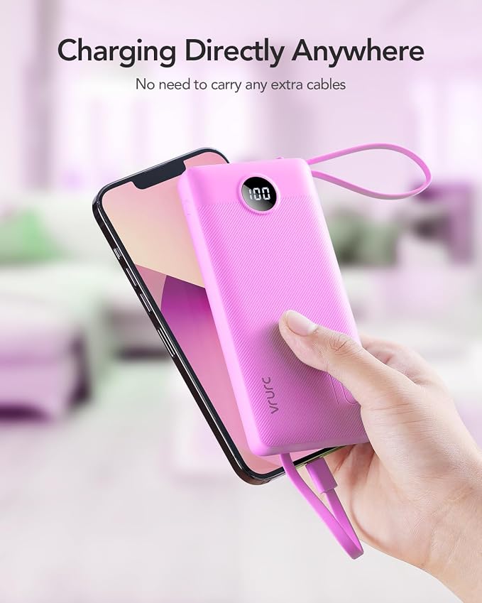 VRURC Portable Charger, Built-in 4 Cables Power Bank 10000mAh, Lightweight USB C Portable Phone Charger, 5 Output 2 Input Compatible with Smart Phones,Samsung,Android etc-Purple(1 Pack) - Image 8