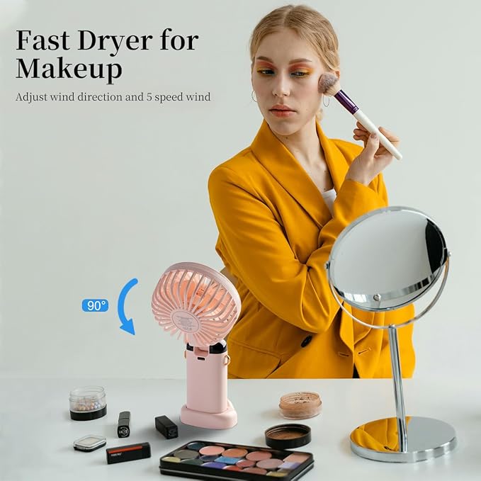 Portable Handheld Fan, 12 hours, Upgrade 3200mAh Portable Fan with LED Display, 90° Foldable, 5 Speed Wind,Hand Held/Neck/Desk 3 in 1 Personal Small Fans, Makeup Fans for Women (Pink) - Image 3