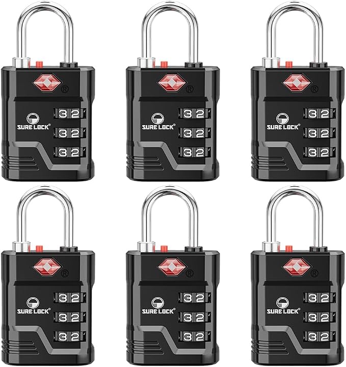 SURE LOCK TSA Approved Luggage Lock – 3-Digit Resettable Combination Padlock with Open Alert Red Dot, Large Easy-Read Dials for Suitcases, Backpacks, Gym & School Lockers(Black 6 pk) by Hopeyoucanstaysafe
