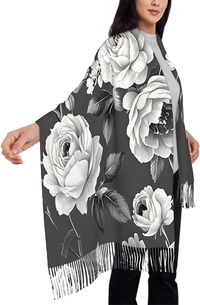 IBILIU Oversize Scarf for Women Floral Flower Purple Prune Color Scarf Tassel Scarves Fall Winter Shawl Wraps - 77.6 x 28.3in - Image 4