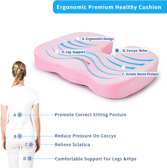 SAIREIDER Office Chair Cushion, Car Seat Cushion, Memory Foam Coccyx Cushion Pads for Tailbone Pain, Sciatica Relief Pillow, Correct Sitting Posture (Pink) - Image 2