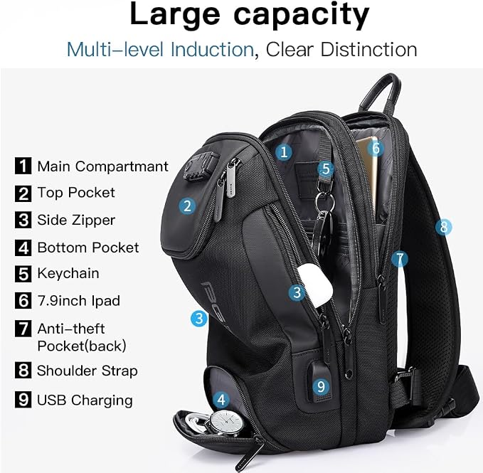 BANGE Men's Sling Backpack - Waterproof Crossbody Bag, Multi-Purpose Shoulder Bag - Image 6
