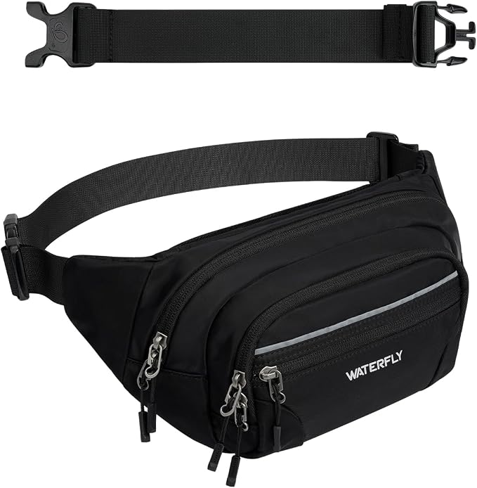 WATERFLY 3.5L RFID Fanny Pack: Anti-Theft 12" Extender Belt for Travel | Large Capacity Multi-Pocket, Water-Resistant Nylon, Reflective Strips, Breathable Padding, Hiking Walking Daily, Women Men by Waterfly