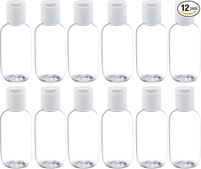 TRENDBOX 60ml / 2oz Empty Plastic Refillable Essentials Bottles with Disc Top Flip Cap - 12 Pack by TRENDBOX