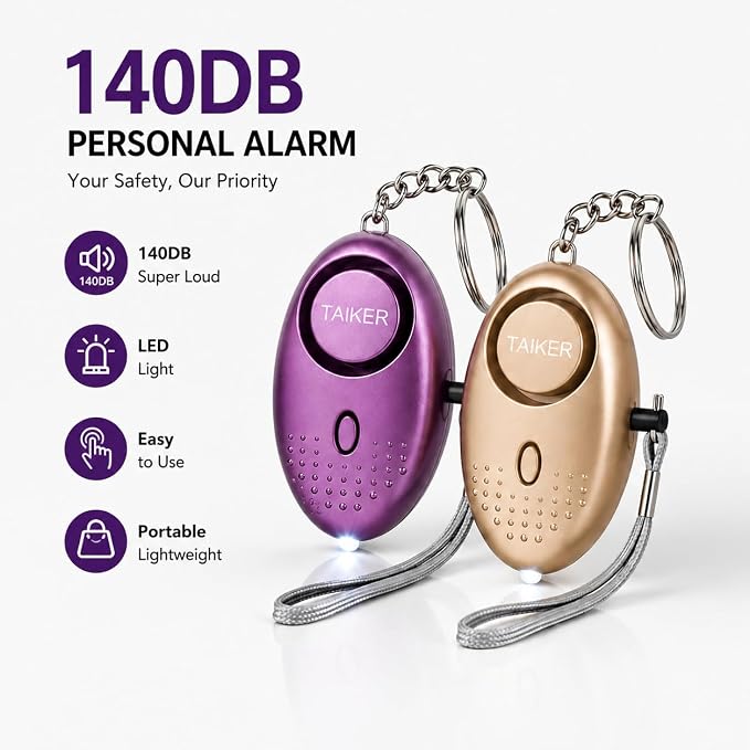 Personal Alarm for Women, 2Pcs 140dB Self Defense Keychain LED Light | Personal Safety Alarm with LED Light Panic Button for Women Kids and Elders (Gold & Purple) - Image 2