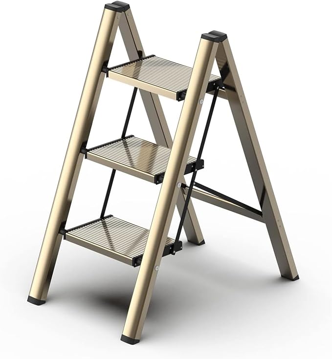 3 Step Ladder, Foldable Aluminum Step Stool with Anti-Slip Pedal | Lightweight yet Sturdy, Portable, Non Slip Feet, 300Lbs Capacity, Elegant Look, for Kitchen, Closet, Pantry, Champagne Gold by GameGem