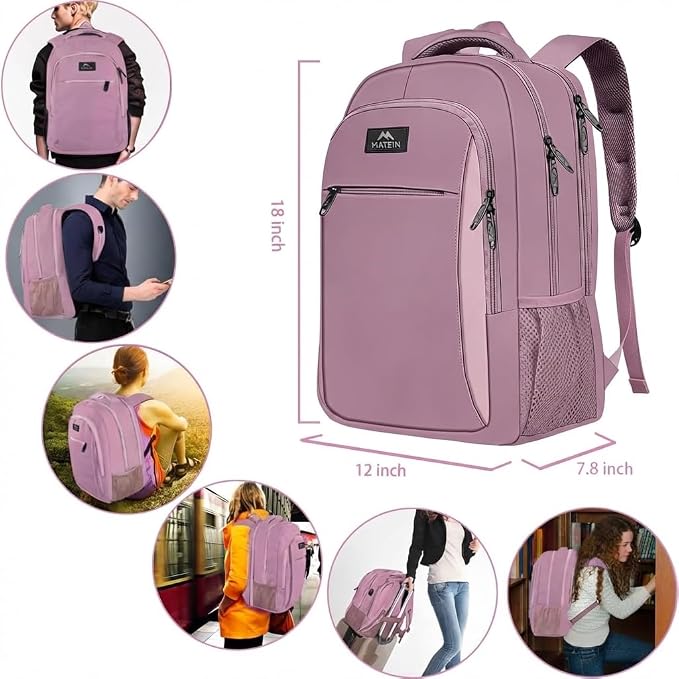 MATEIN Dark Purple Personal Item Backpack, Underseat 15.6 Inch Laptop Bag | Water Resistant Sturdy, Slim Daypack for College, Luggage Strap, Anti Theft, Gifts for Women, Dark Purple - Image 3