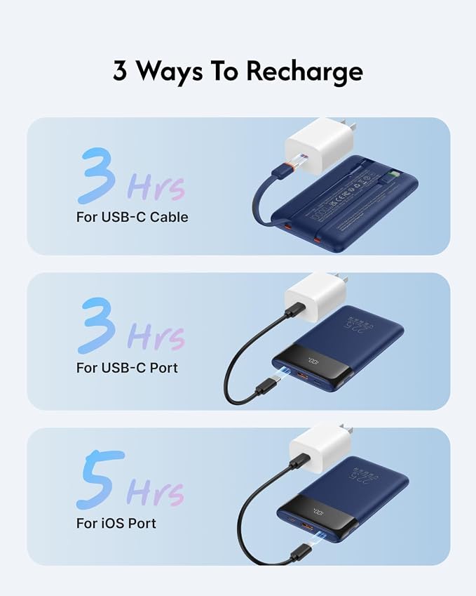VEGER 10000mAh 22.5W Fast Charging Portable Charger with Built-in Cables | 0.4lb Slim USB C Power Bank, Small Battery Pack for iPhone 17/16/15/14 iPad Samsung, Flight Safe, Travel Essential, Navy Blue - Image 8