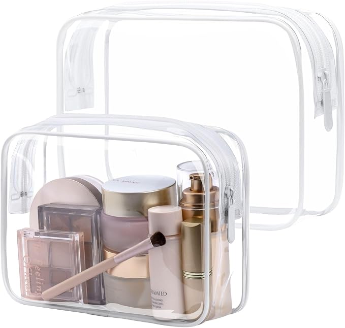 Clear Makeup Bag for Travel - TSA Approved Toiletry Bag, 2 White | 1 Medium Quart Carry-On & 1 Large Checked-Luggage, Reinforced Seams, Water-resistant, Clear Easy-Check for Airport, Women by Packism