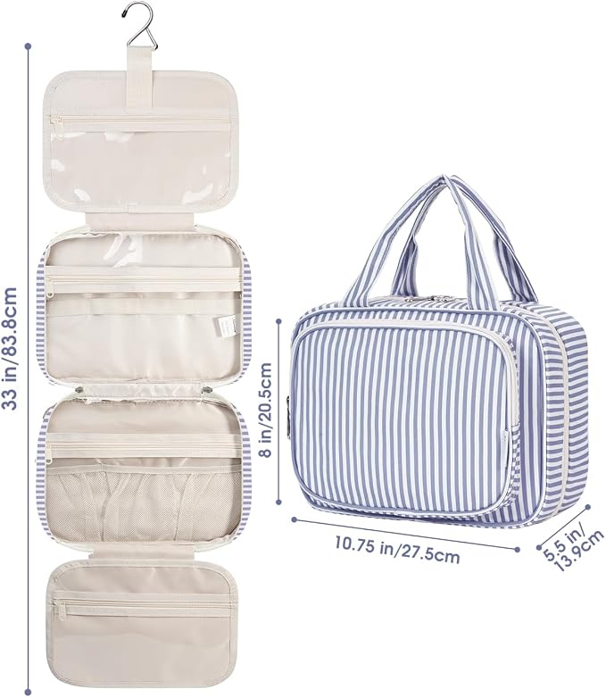 Narwey Striped Hanging Toiletry Bag for Women Travel Makeup Bag Organizer Toiletries Bag for Travel Size Essentials Accessories Cosmetics (Greyish Blue Stripe (Medium)) - Image 8
