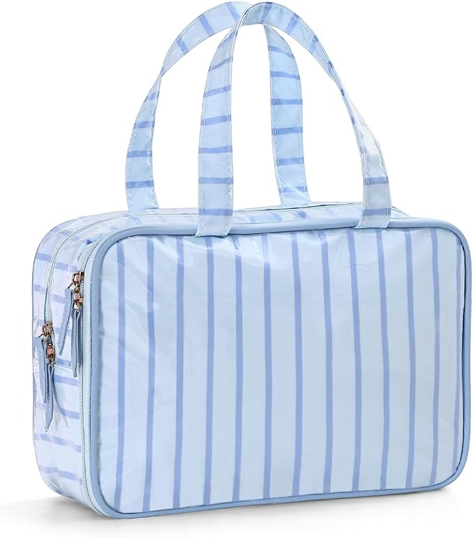 Toiletry Bag for Women, Blue Stripe | Clear Coated,Waterproof,Multiple Compartment,Open Flat,Handle,Travel Organizer for Shampoo,Conditioner,Cosmetic Accessories by THOVSMOON
