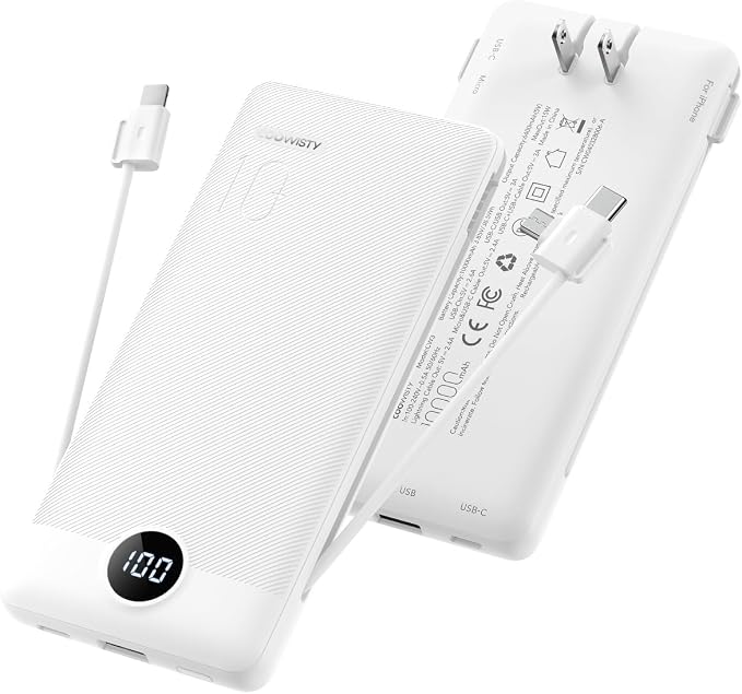 Portable Charger with Wall Plug, Slim USB C Power Bank with Built-in Cables, 10000mah LED Display External Battery Pack Compatible with iPhone/Android & More(White) by KeepYourLifeCharged%EF%BC%81