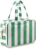 Toiletry Bag for Women, White and Green Stripe | Clear Coated,Waterproof,Multiple Compartment,Open Flat,Handle,Travel Organizer for Shampoo,Conditioner,Cosmetic Accessories by THOVSMOON